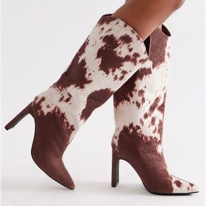 Fashion Nova Cow Print Knee High Boots Brown & White 8